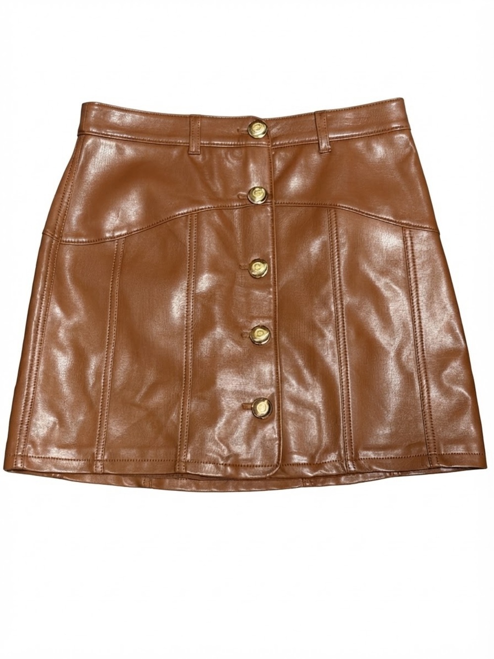 cinq a sept Chestnut Brown Button-Front Vegan Leather Mini Skirt